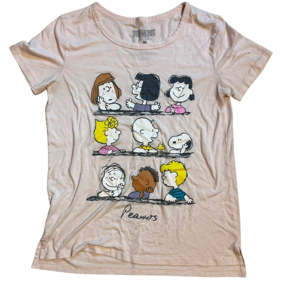 Peanuts Charlie Brown Snoopy Gang Pink Graphic T-Shirt Womens Medium